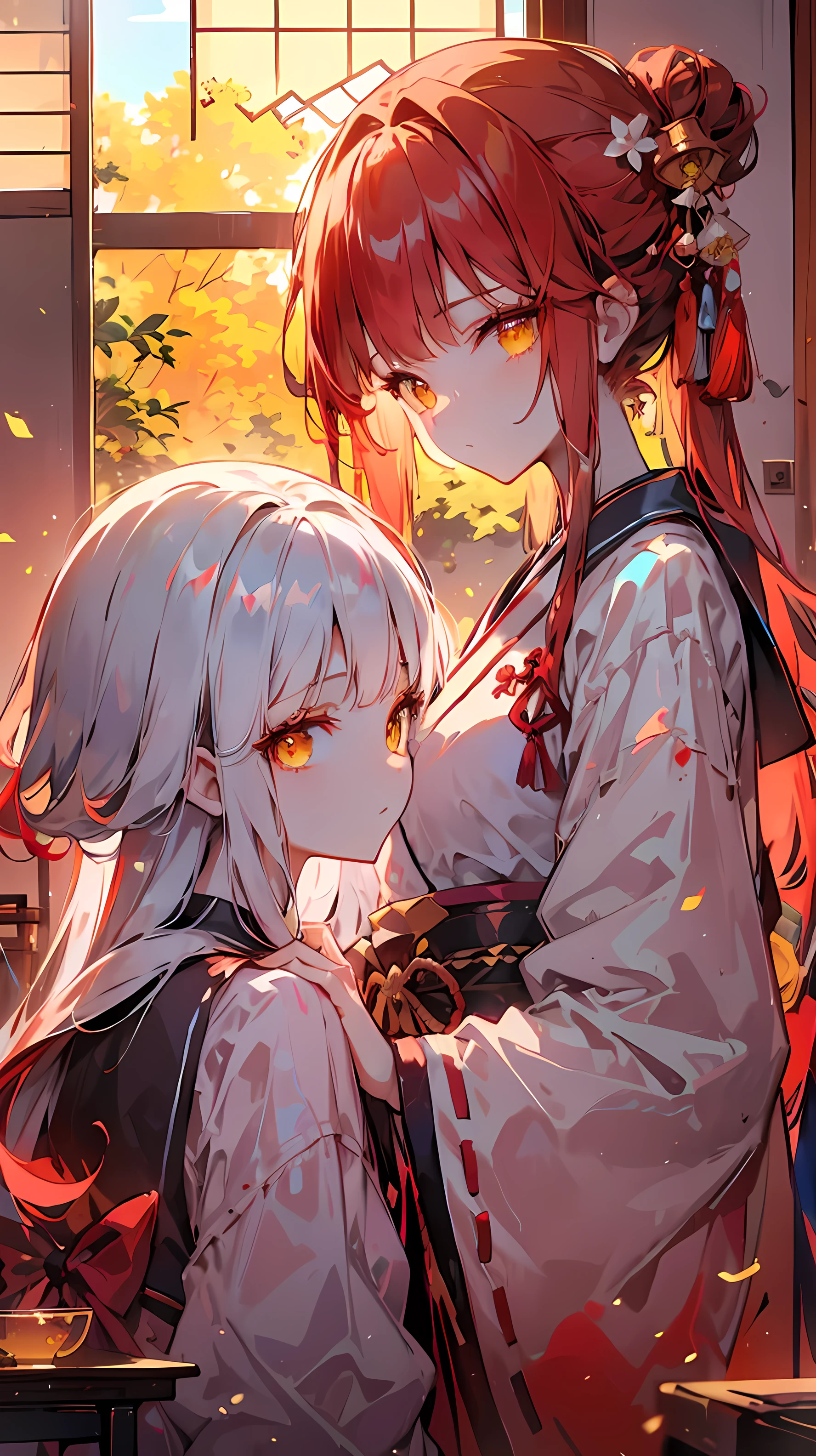 (ulzzang-6500:0,5), a close up of two girls . One girl has big red hair , yellow eyes, wearing a traditional Japanese high school uniform. The other girl has long white hair , yellow eyes, wearing a traditional Japanese high school uniform. In a modern living room with a slightly blurred background , focusing on the face and upper body . The environment features a traditional interior decoration , with side view angle . raw photo, 8K UHD, film grain.