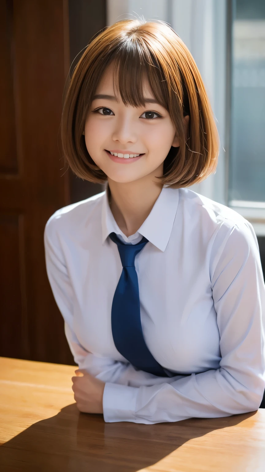 best quality, face focus, soft light, ultra high res, (photorealistic:1.4), RAW photo,
1japanese girl, solo, cute, (shy smile:0.5), (brown eyes, lights in the eyes), detailed beautiful face, (small chest),(high resolution detail of human skin texture),
(short bob hair)
BREAK,
in classroom,navy school uniform, vest, skirt