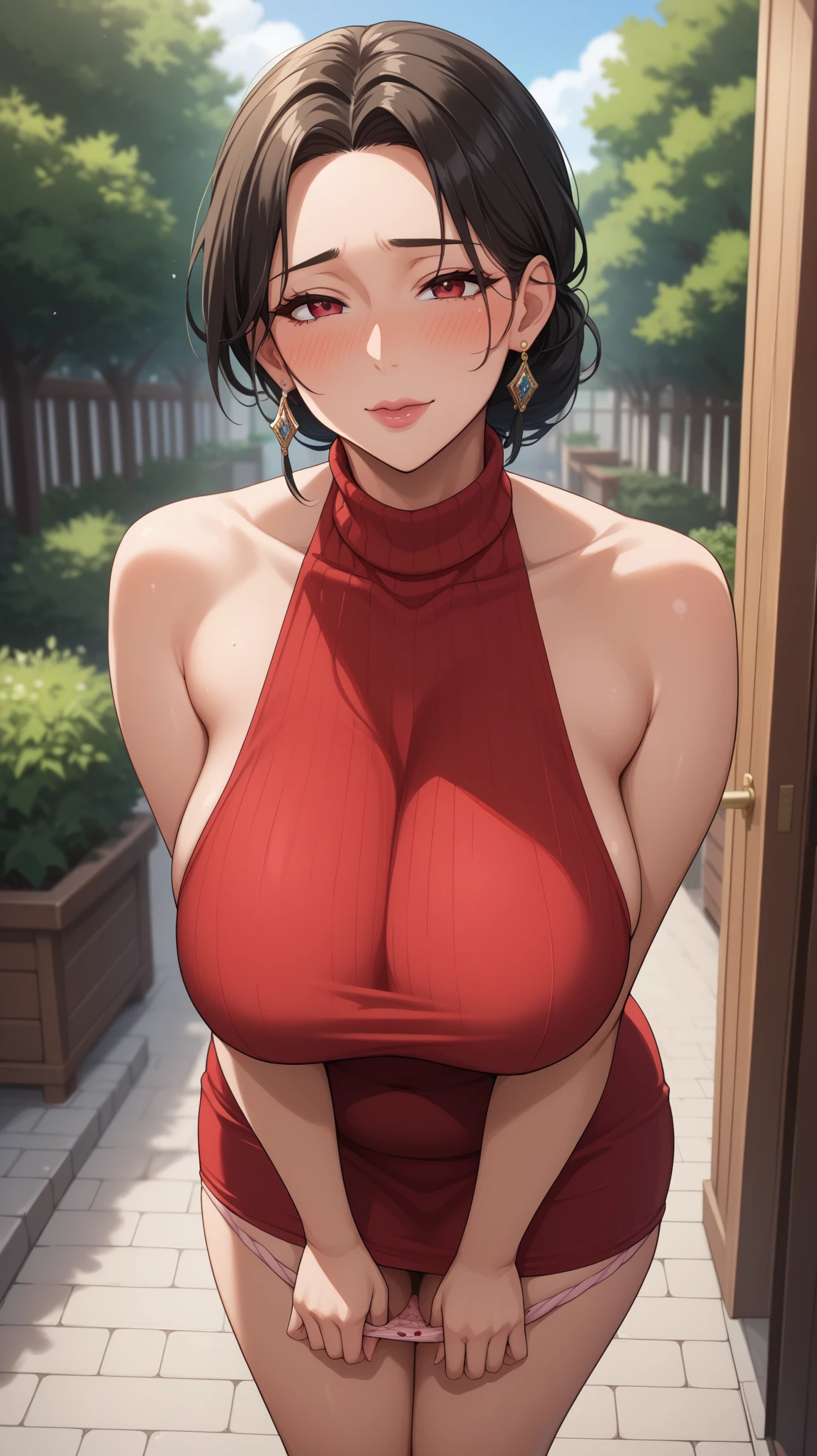 Yor from spyxfamily, yor, wear red dress, big black hair, slim And perfect body, Score_9, Score_8_up, Score_7_up, Score_6_up, Score_5_up, Score_4_up, Source_anime, Tag1, Tag2, Quality_masterpiece, Anatomically correct, Beautiful face, Perfect face, Highly detailed beautiful face and eyes, Attractive face, Detailed face, Delicate facial features, Detailed skin, Huge breasts, Sensual woman, Mature female, Milf, Motherly, Elegant, Glamor, Bitch, Slut, Whore, Voluptuous, Seductive, Glamor, Love handle, Curvy, Plump, Embarrassed, shy, seductive BREAK high-angle view, fully clothed, Leaning forward, Panties down, Sleeveless turtleneck,