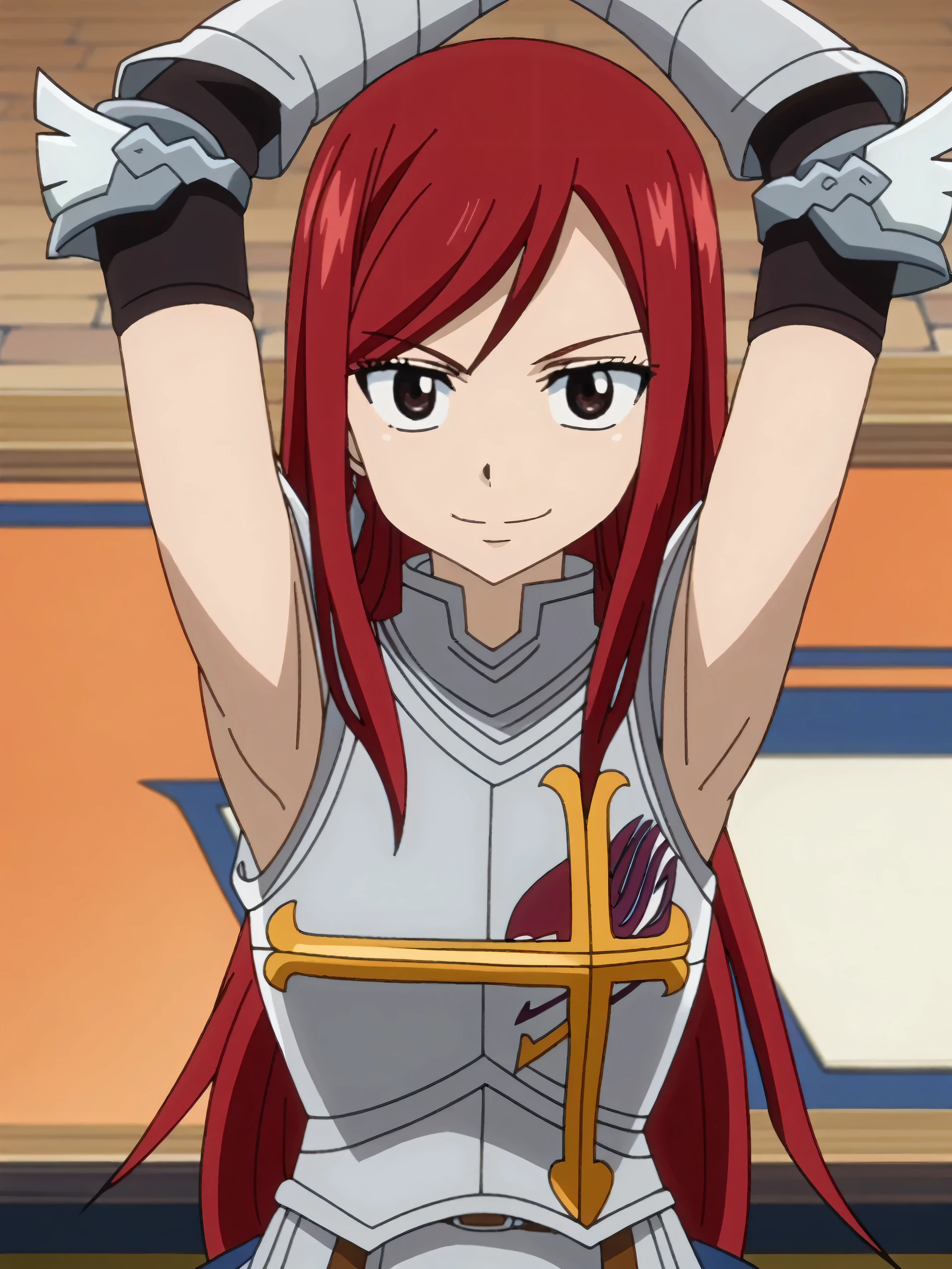 score_9, score_8_up, score_7_up, source_anime, anime screencap, 1girl, solo, Erza_Scarlet_First, brown_eyes, red_hair, long_hair, large_breasts, armor, breastplate, gauntlets, armored_dress, sleeveless, arms up, raised arms, armpits, looking at viewer, smile, closed mouth, indoors, from above, badhandv4