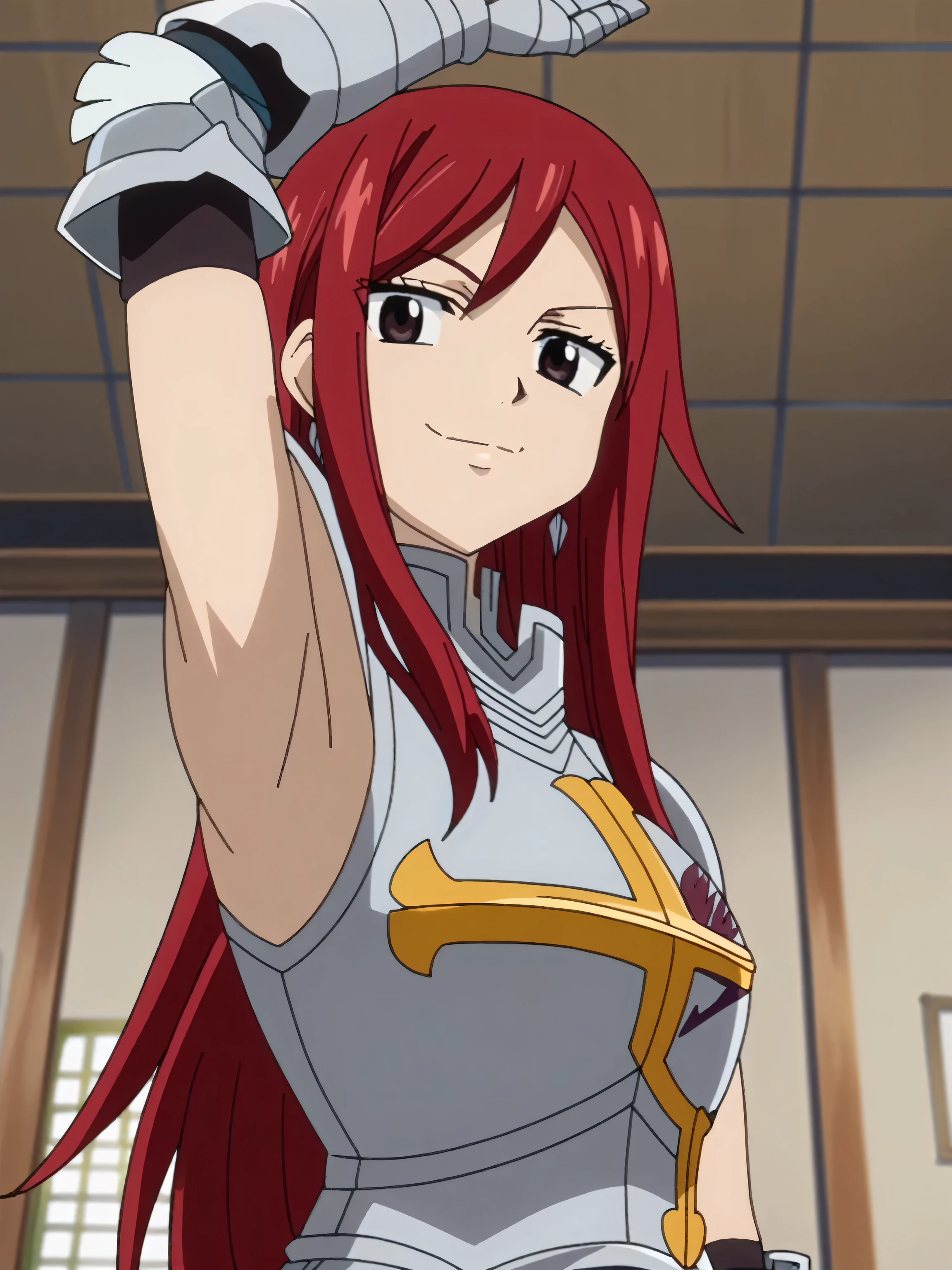 score_9, score_8_up, score_7_up, source_anime, anime screencap, 1girl, solo, Erza_Scarlet_First, brown_eyes, red_hair, long_hair, large_breasts, armor, breastplate, gauntlets, armored_dress, sleeveless, arm up, raised arm, armpit, armpit focus, looking at viewer, smile, closed mouth, indoors, from side, from below, badhandv4