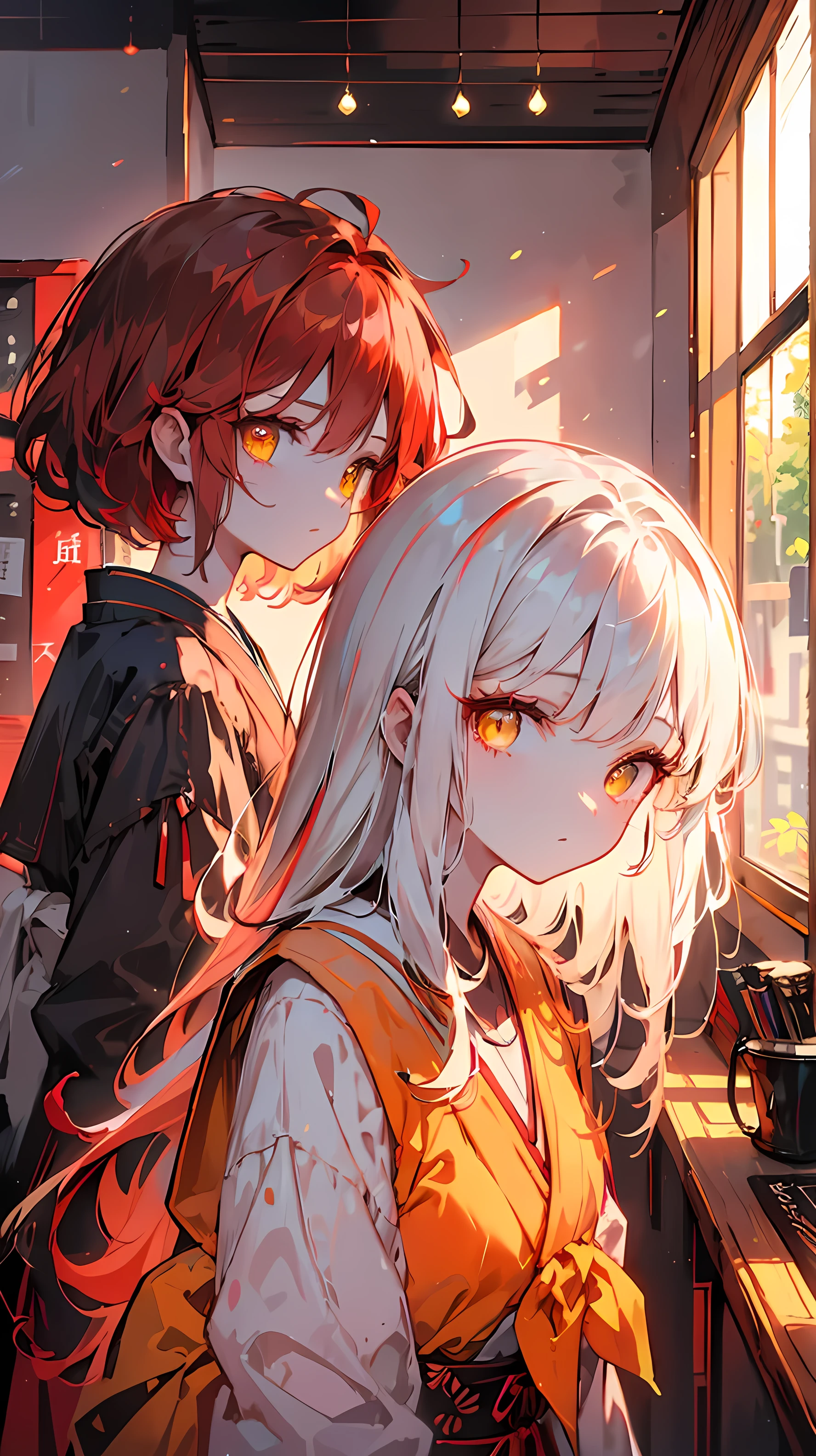 (ulzzang-6500:0,5), a close up of two girls . One girl has big red hair , yellow eyes, wearing a traditional Japanese school uniform . The other girl has long white hair , yellow eyes, wears an equally matched school uniform . In a modern living room with a slightly blurred background , focusing on the face and upper body . The environment features a traditional interior decoration , with side view angle . raw photo, 8K UHD, film grain.