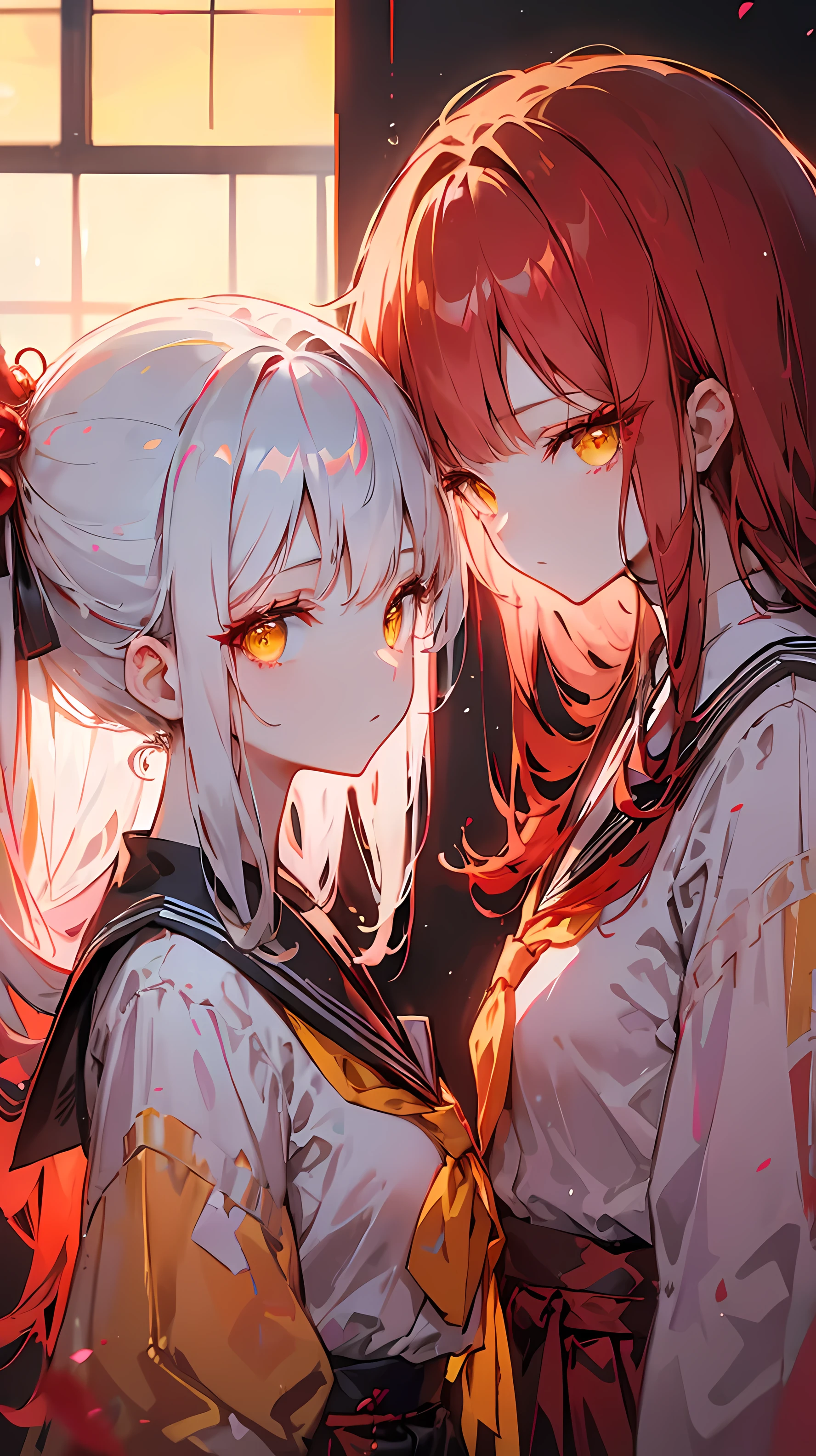 (ulzzang-6500:0,5), a close up of two girls . One girl has big red hair , yellow eyes, wearing a traditional Japanese school uniform . The other girl has long white hair , yellow eyes, wears an equally matched school uniform . In a modern living room with a slightly blurred background , focusing on the face and upper body . The environment features a traditional and luxurious interior decoration, with side view angle . raw photo, 8K UHD, film grain.