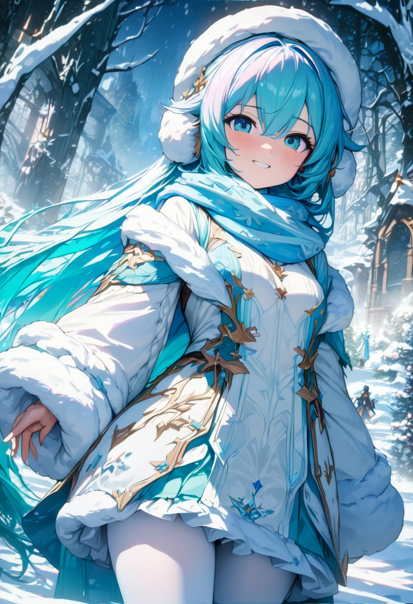 Fantasy CG digital art,A drawing of Hatsune Miku in a fantastical snowy world.Miku is wearing a cute, soft white hat with fluffy white fur Wear a cute outerwear with fur that blends in with the white snowy scenery.She is wearing a white turtleneck sweater and a scarf the same color as her hair.Wearing white tights and cute white boots,The snowy scenery transforms Miku into a stunning beauty, with her breathtakingly beautiful white skin and eyes, her fantastical figure,The falling snow transforms Miku into a snow fairy.Miku is smiling and looking at the camera.Cowboy Shot,High quality, high quality, (masterpiece, best quality, 4k, 8k:1.5).Ultra detail,Ultra-fine painting, physically based rendering, dramatic lighting, fantasy effects,Professionally shot, award-winning,