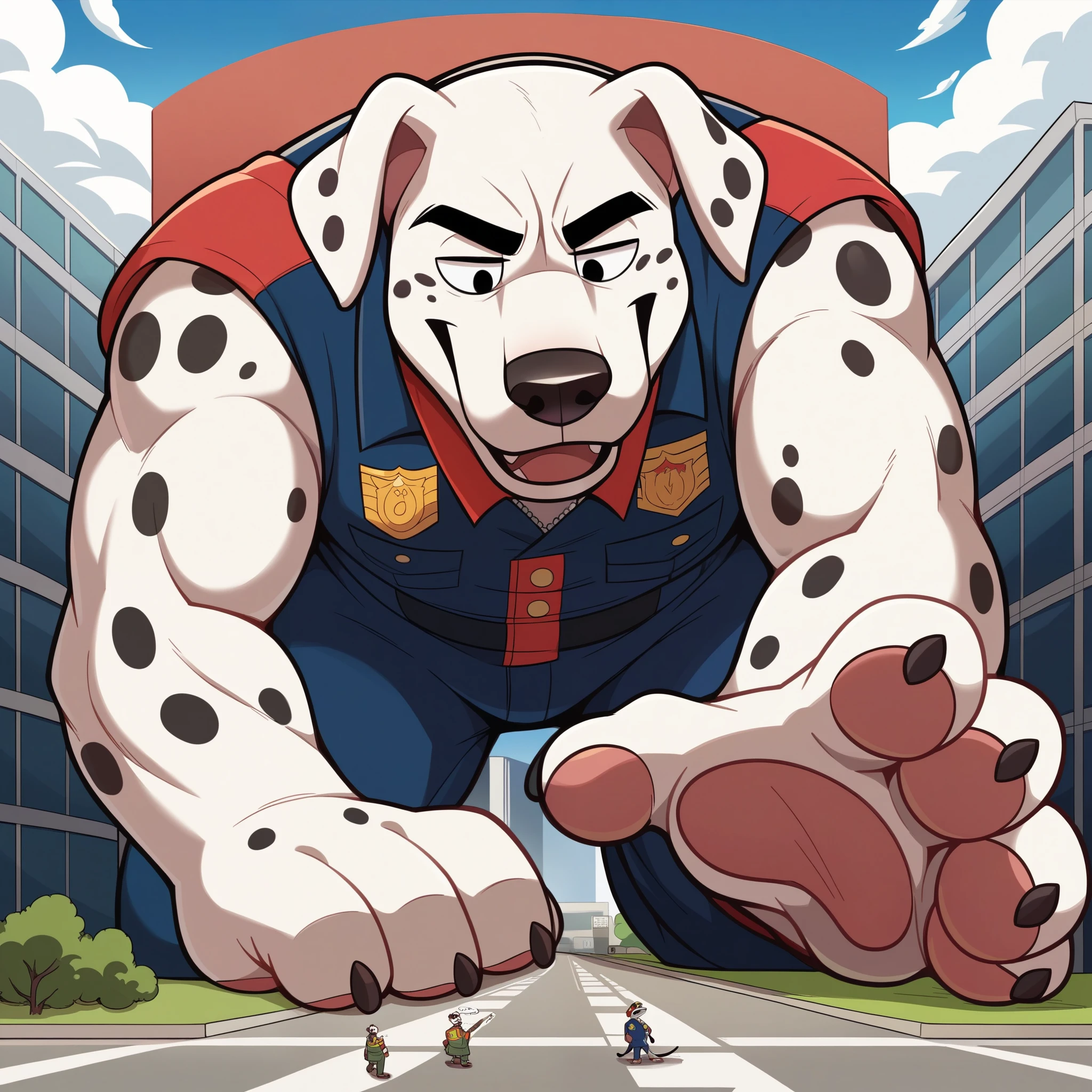 gekritzeltes Dalmatian Gesicht,Humanity (Dalmatian),pummelig,( black eyebrows :1.1),(perfect eyes), white fur , Fireman,(artist:takemoto arashi),(collar:1.3),paw,( Black beard :1.3),( firefighter uniform :1.3) Dalmatian, (Massiv:2.0, ( heavyweight ,stark,Macro, Emphasize )), background (( Building , Increase small speech , the crack in the road )), Low perspective shot