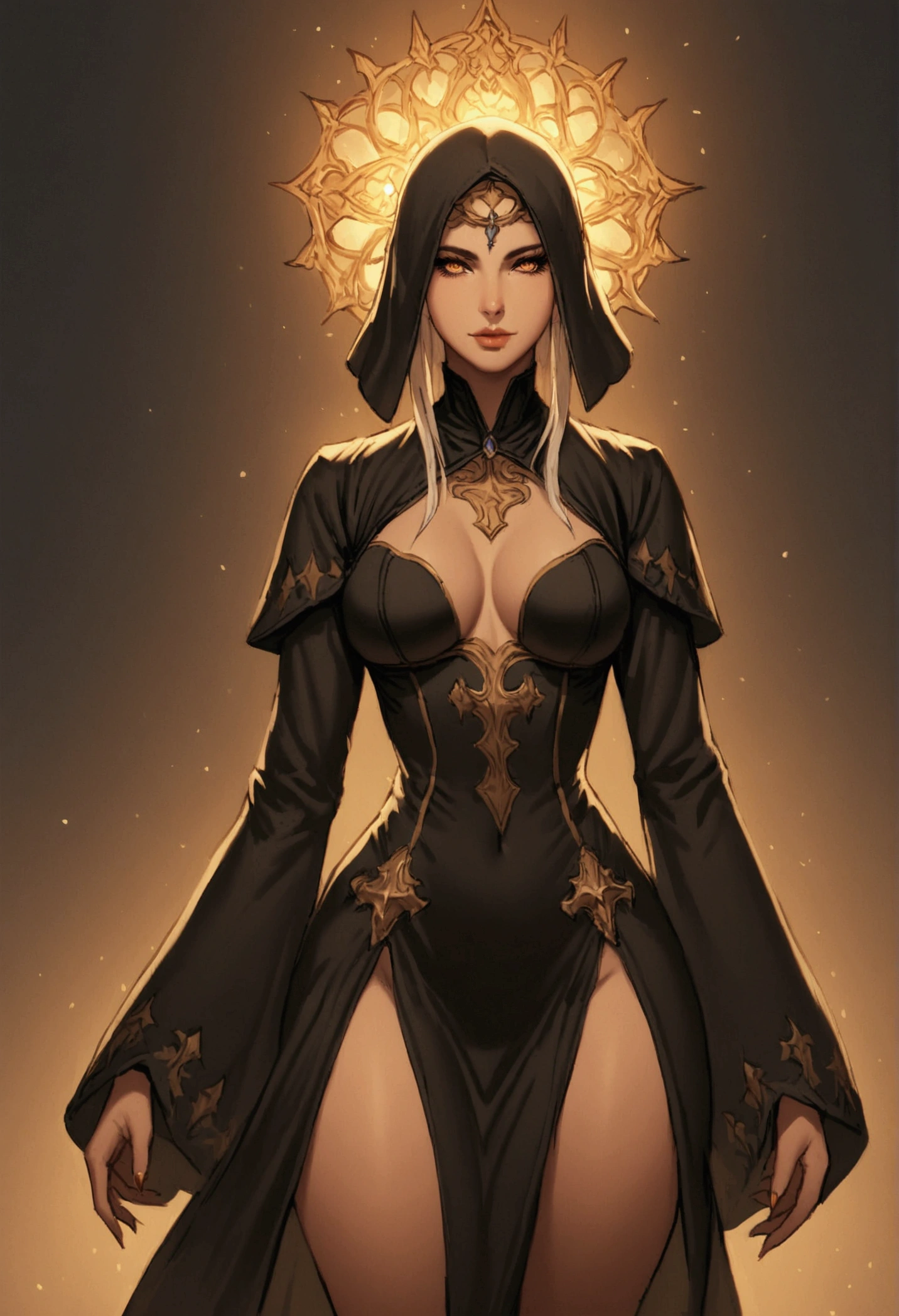 masterpiece, best quality, 1girl, elf, platinum blonde hair, black robe, hooded robe, sitting across table, orrery, mystic, gold trim, looking at viewer, glowing eyes