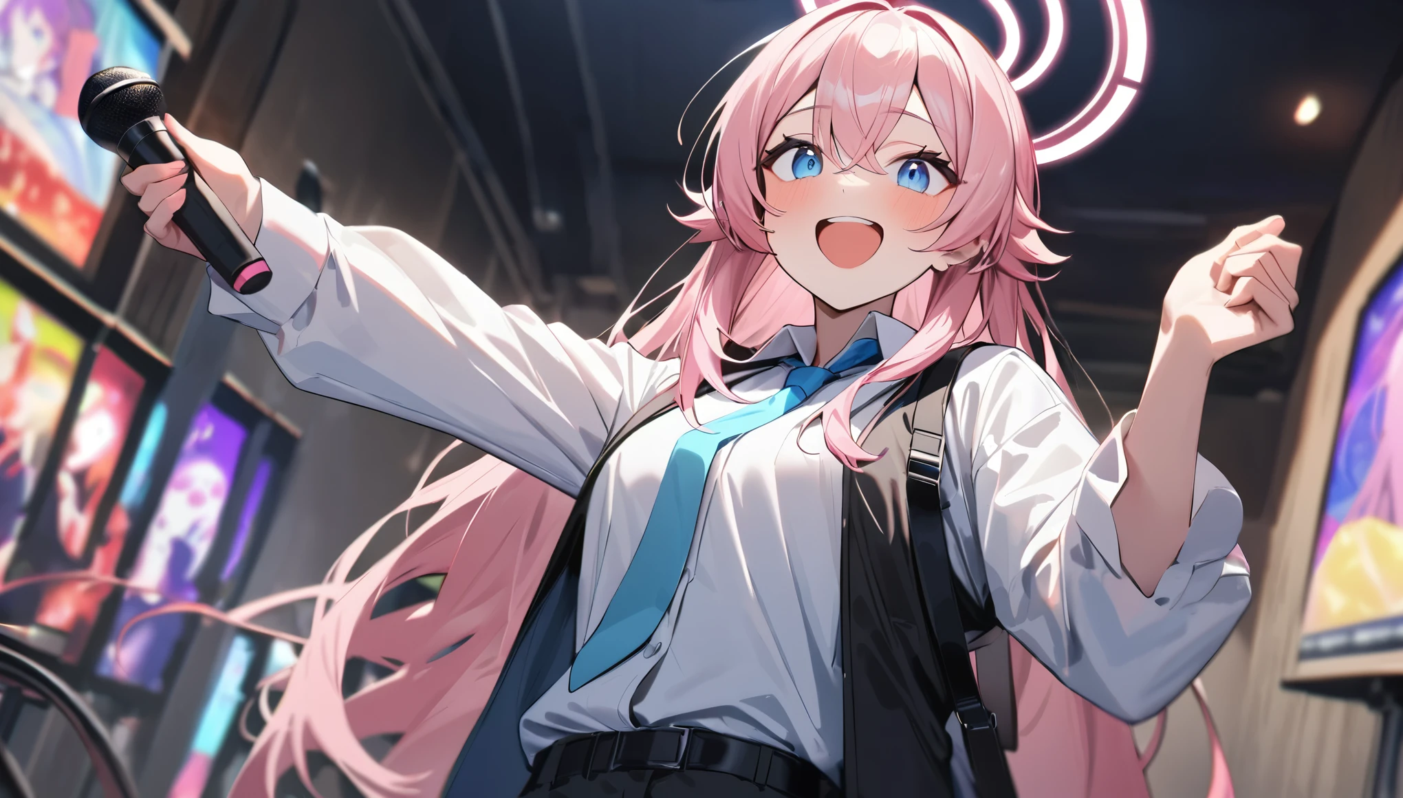 masterpiece, premium quality, very aesthetic , absurd,1 woman,Hoshino_\(Blue_ storage \),Pink_ hair ,Alone, Dichroism ,White_shirt,long_ hair ,Blue_eye,canine,Blue_tie,Ahogeo,Yellow_eye, perfect face _~to_viewer, collar_shirt, hair _between_eye,high_body,_card, open _mouth,Pink_halo,Indoor,shoulder_Looking for a strap , they are holding a microphone and are excited, I'm singing with a microphone ,karaoke, I'm singing hard ,laugh,They sing a cute song , dynamic motion,