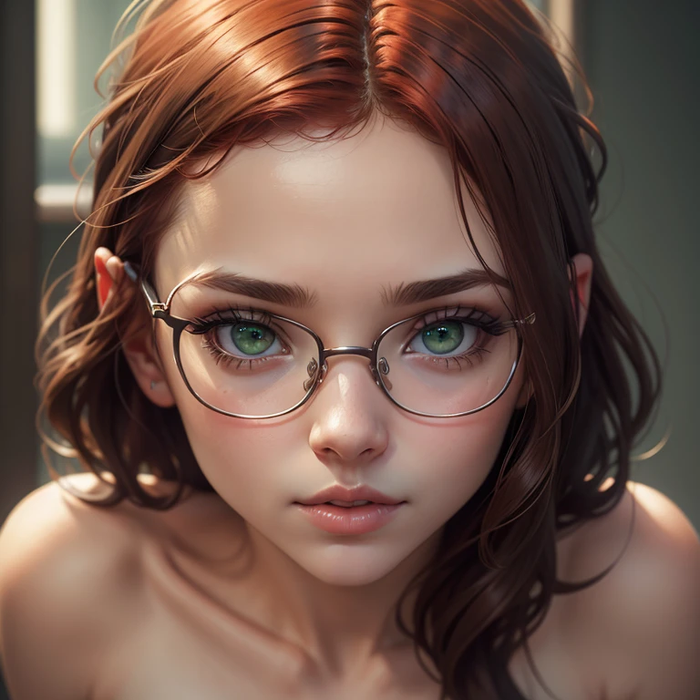 young naked 15 year old girl, beautiful detailed green eyes, metal frame glasses, beautiful detailed lips, beautiful detailed short red hair, very detailed face and eyes, long eyelashes, small nose, soft skin, Innocent expression, saliva, penis in mouth, Close-up, Detailed rendering, high quality, photorealistic, 8 K, hyperrealistic, dramatic lighting, cinematic atmosphere, muted color palette