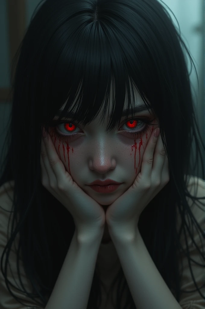 desperation of reaching out and obtaining love, right out of reach. being pulled down into a black void with a pained expression. Depression running wild over taking the will to live, while anxiety slowly driving you mad, 1000 yard stare, lost soul, <lora:add-detail-xl:0.8> <lora:sdxlvelma:0.3>, velma, hell scape background, looking at viewer, large hole in chest, missing heart, (crying:0.2),
