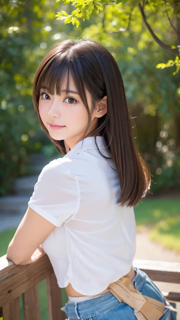 8K、Detailed Description、Very high definition、Realistic、reality的、Real、live-action、reality、High resolution、Nogizaka46、japanese idol,beautiful girl、21 years old、Dark brown eyes、School、Schoolyard、sunny、smile, closed mouth,Long Hair、Headband、Knee-up-top angle of view、Back view、look back、School、Short sleeve shirt、Beige plaid skirt、Very black hair、pretty girl、Beauty、Glowing Skin、Glowing Skin、Shiny Hair、Very white skin、Heavy makeup、Large Breasts、Slit eyes、Big Eyes、Double eyelids、Don&#39;t show your teeth、