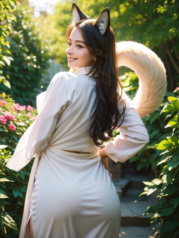 ((Best Quality, 8k)), ((masterpiece)), ( highest resolution ),  perfect face, Woman with fox ears, Woman with a tail, Beautiful woman, She is a housekeeper, It was taken in the garden, Only one tail, She has thick thighs, Her big fox tail, I can see her fox tail, She wags her tail, fur collar,  She's wearing a maid costume,  big hips ,  her fox tail is sticking out, Her tail is fox-colored, smile