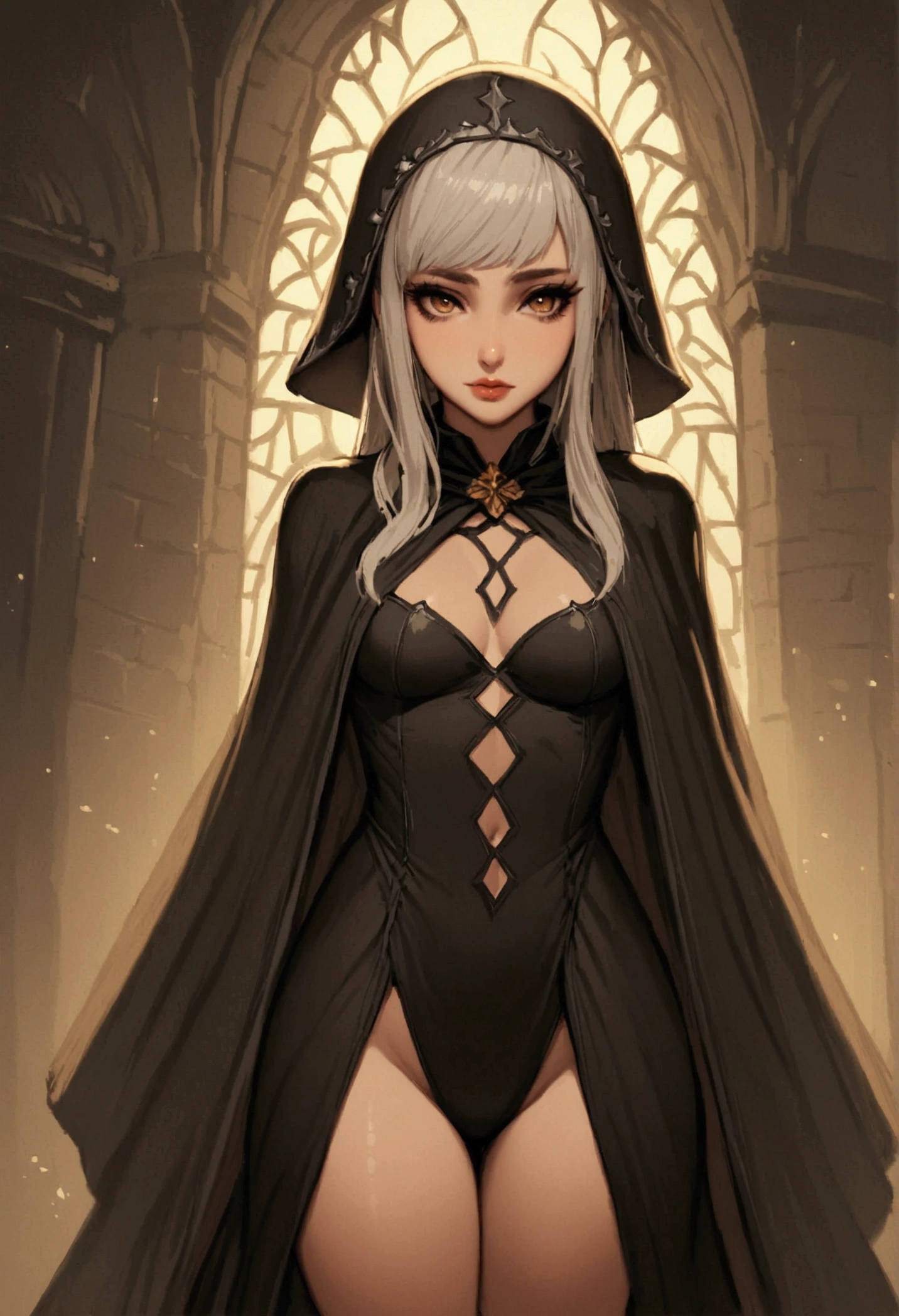 (Uhd, photorealistic, facial focus, intricate details, highly detailed ambient yellow light) young Slavic woman in a dungeon, vampiric, petite, seductive, mid-20s, (angelic face, dark shadow, thin lips, wide menacing smile), perfect body, ((waist, hips)), (((embroidered black cape, hood))), ancient