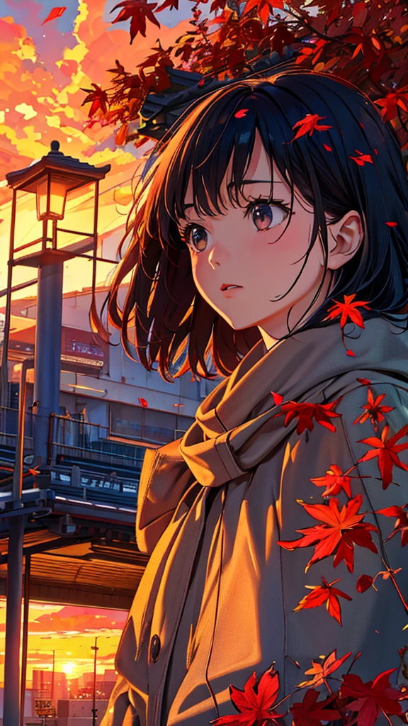 masterpiece, Best Quality,  beautiful eyes with attention to detail,  very detailed on playground equipment,  in fine detail,  high definition, autumn, autumn leaves, 巻き上がるautumn leaves, Sunset scenery,  imaginary, woman,  Office Lady Overlapping the Sunset , On the roof of a building, Watch ,  lonely expression that overlaps with the sunset, Looking into the distance, Look to the side, Stand, long hair, suit, 