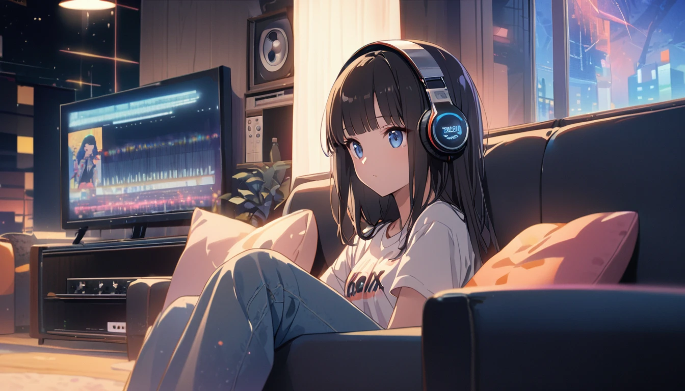 High resolution, Very delicate, Super detailed,8k detailed20One woman in her late twenties, ((Beautiful symmetrical face)) (blue eyes)) (((Shortcuts、Bobcut、Shiny black hair))) (Casual attire、Loungewear、pajamas) ((The headphones are worn correctly on the head))Sitting on the couch, listen to music, In front of the window, city, night, Tokyo、Cozy, relax,Looking at this