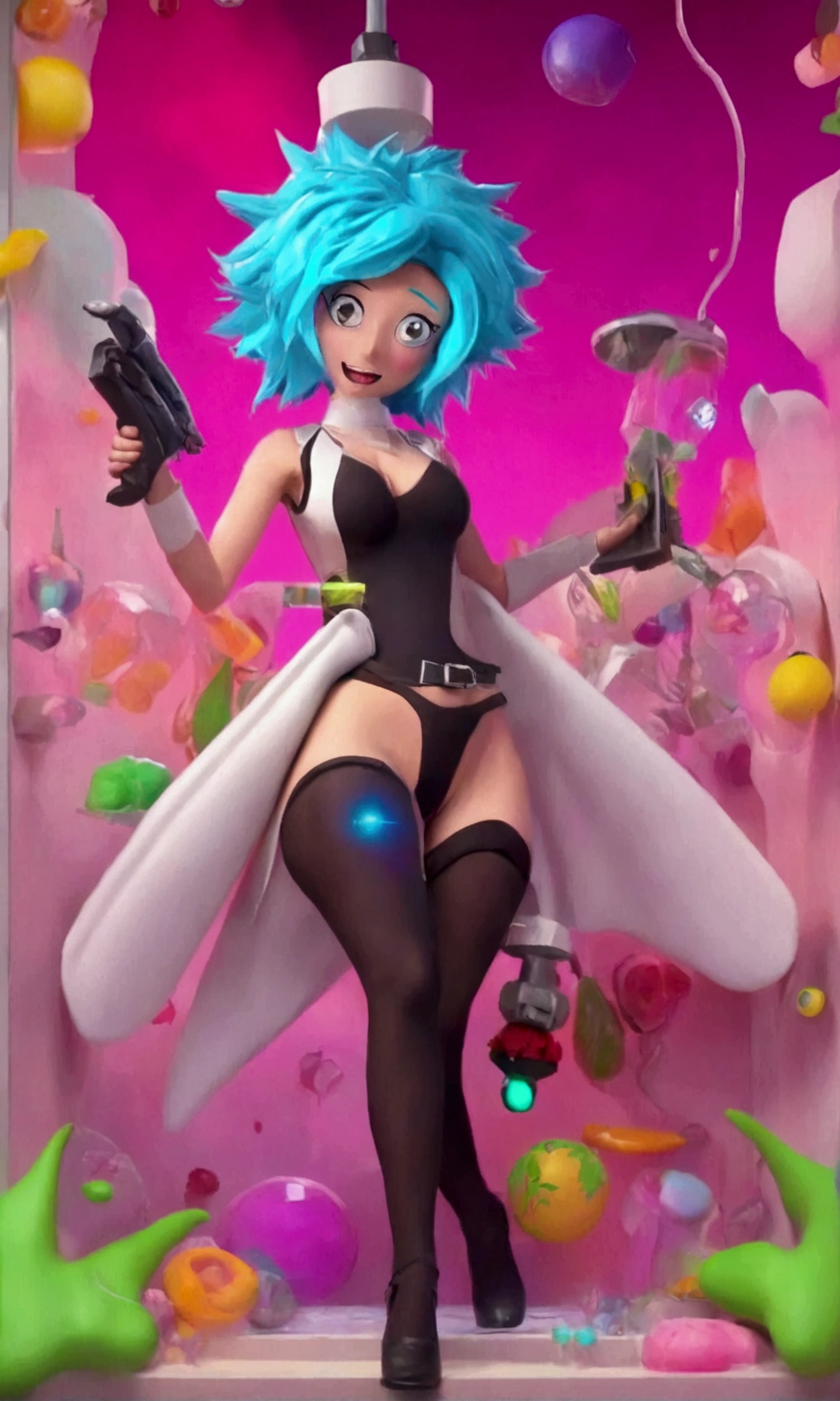 Funny navy blue sexy alien, wearing an orange snail hat on top of his head, green hair, exaggerated laughter, flies riding a mechanism of strange vintage design. Cartoon style. 3D Rendering. Super-realistic, Cinematic, a closeup of a, Composition in the center, Pure black-blue-red background, Best Quality, 4k, details face