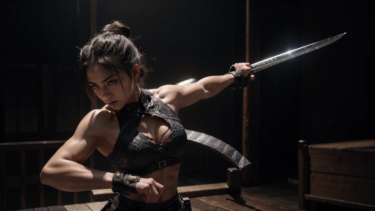 a highly muscular female samurai, 1 katana, net upper armor, transparent torso, double hairbuns, extremely detailed abs and muscles, dark outfit, glowing katana blade, photorealistic, 8k, high quality, intricate details, dramatic lighting, cinematic composition, digital art,masterpiece, UHD, retina, accurate, super detail, textured skin, anatomically correct, high details, high quality, award winning, best quality, highres, 16k