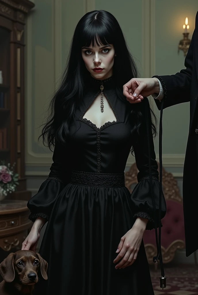 two sisters of different ages, one teenager, lesbians, detailed face
 black hair, long hair, blue eyes, arrogant, sexy, mysterious, curvy, witches, vampire, catholic, in church full body