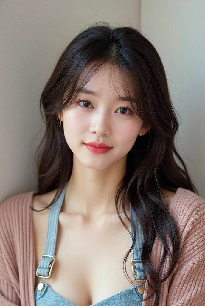  1 girl, 22 years old Loose wavy long hair、simple background、casual long sleeve clothes、Highest image quality round faces and beautiful lips are the most beautiful people