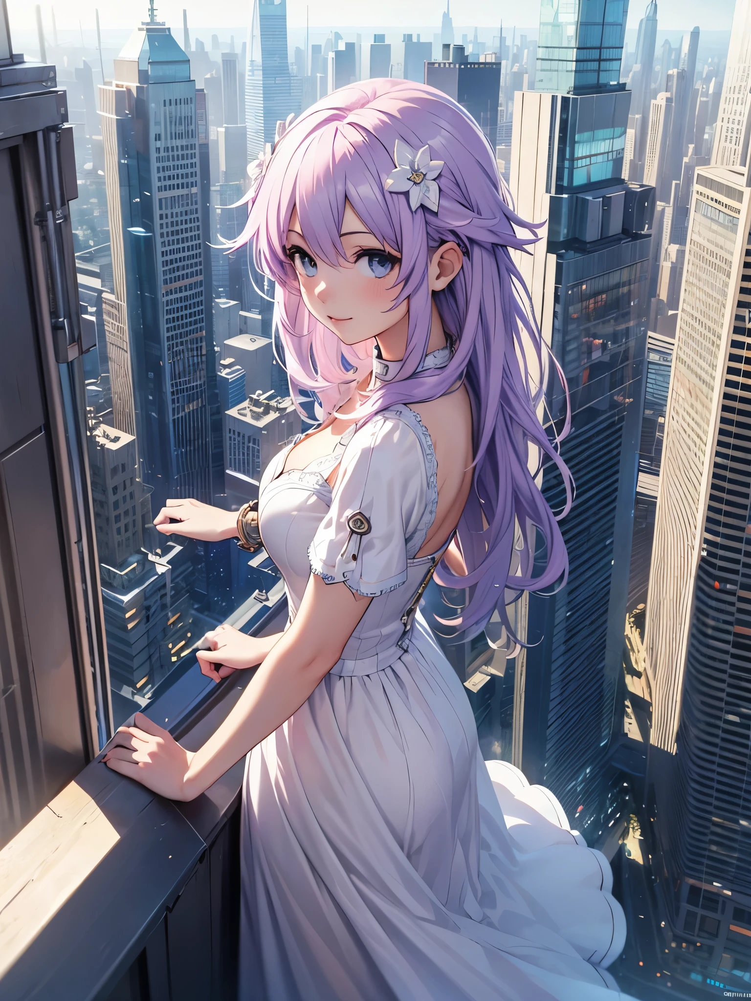 high resolution, masterpiece , The best quality, necessary, HD model, tall details , lyrics, improvement, Textured leather, UHD, distant view, she is from a skyscraper watching the whole city, happy look, long dress, from above, from one side,