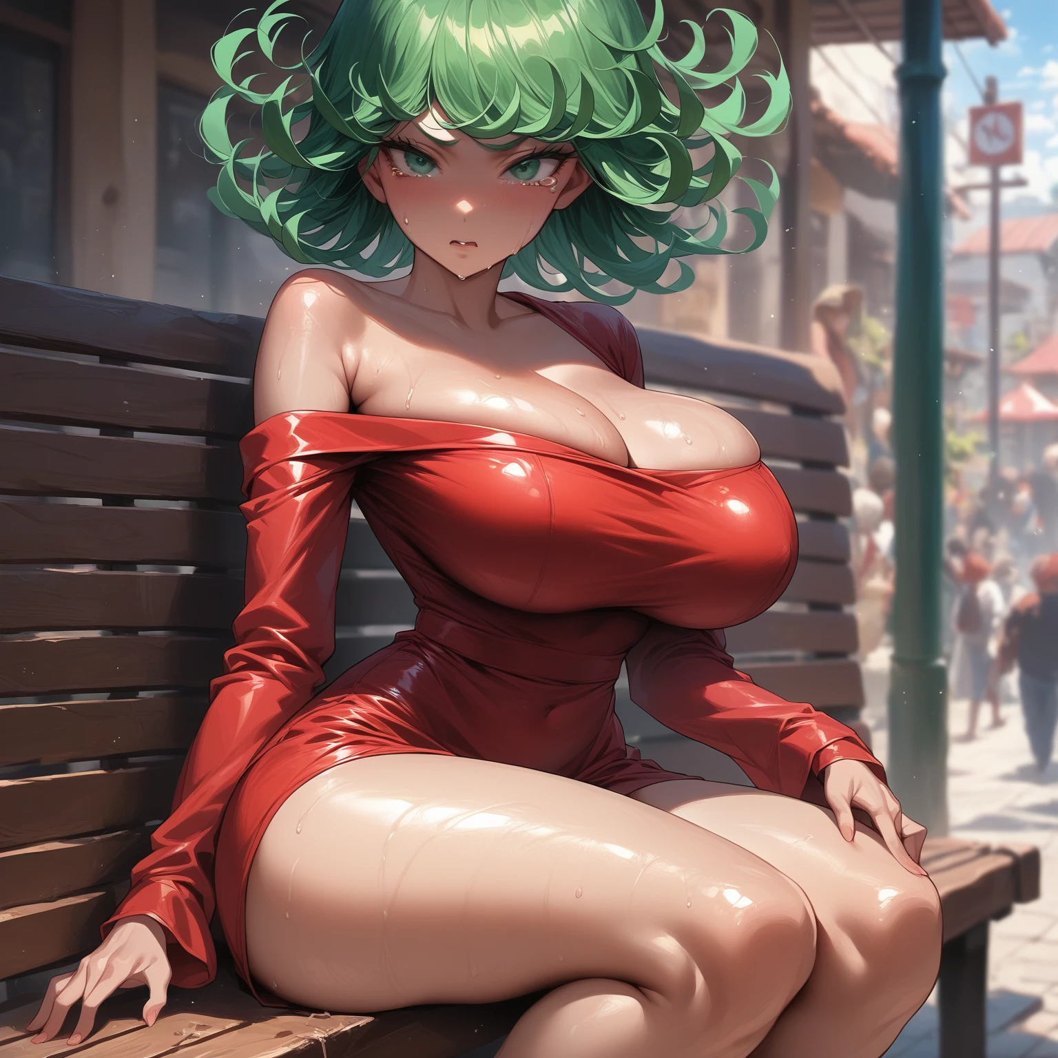 ((Tatsumaki))、Beauty、（ Dragon Quest 3 monk :1.5）、 masterpiece 、Not suitable for work、 professional shading 。  face and eye details 。 gigantic breasts、sweat all over 、 a pity 、 My face is red with shame。Clothes are a place 々 Holes and tears 。defeated、 sitting on a bench, shiny skin, off-the-shoulder dress,