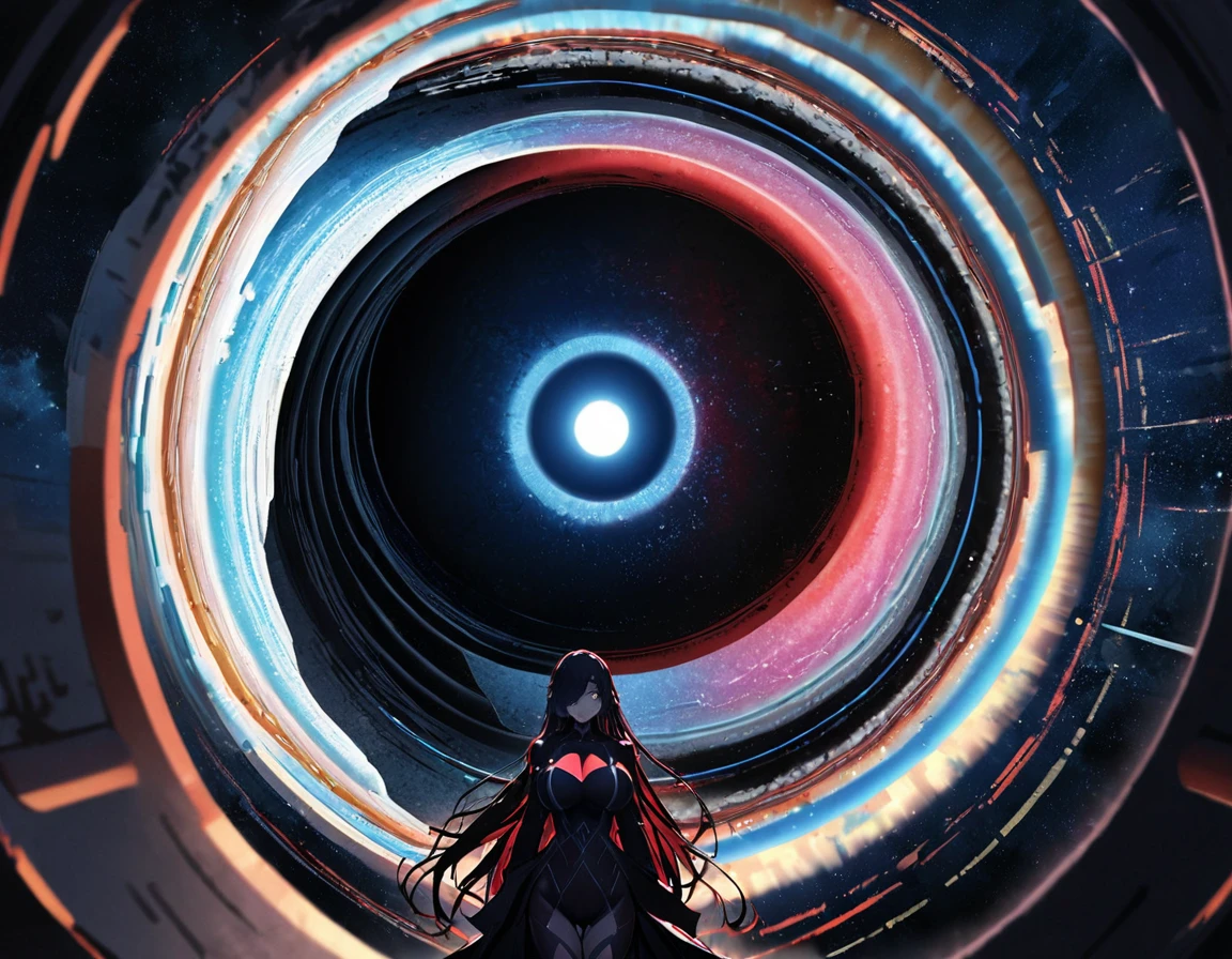 Fly in another space, Geometric pattern flowing from front to back, contrast between light and darkness , warp navigation, Wormhole, Red and black, superhero costume, Female Heroes, Big Breasts, dark blue hair, hair over one eye, long hair, first-person view, atmospheric perspective, anime, textured skin, anatomically correct, UHD, high details