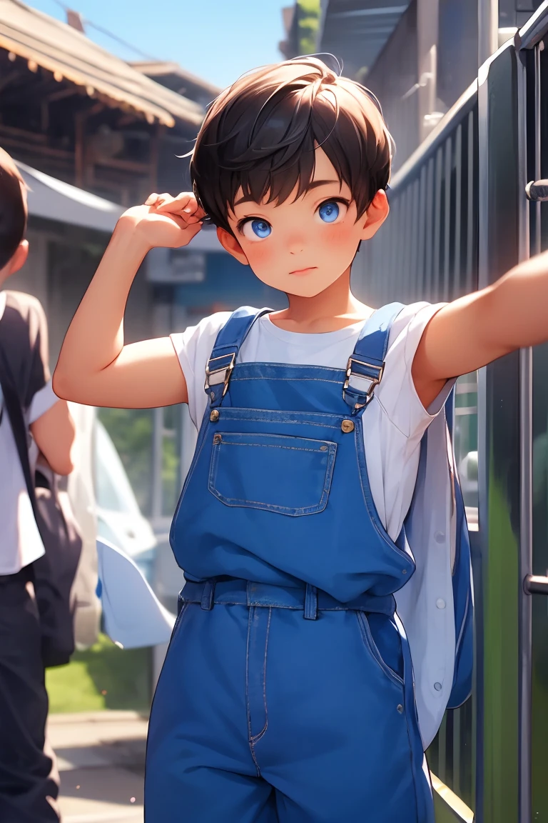 Two people, Wear short overalls、young british boy with no panties, sexy pose, Sparkling Blue Eyes,  outdoor , 