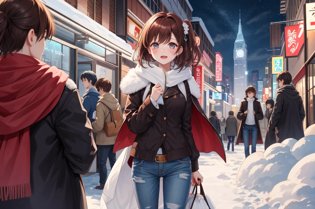 ((night cthaty covered in snow))Skyscraper、OL,20-year-old、,Are crying、long whthate coat、jeans、1 girl, princess cut、princess cut, bob cut、medium hair、ponytail、reddish brown hair 、that&#39;It&#39;s snowing、Standing posthation、Are crying姿、view audience、