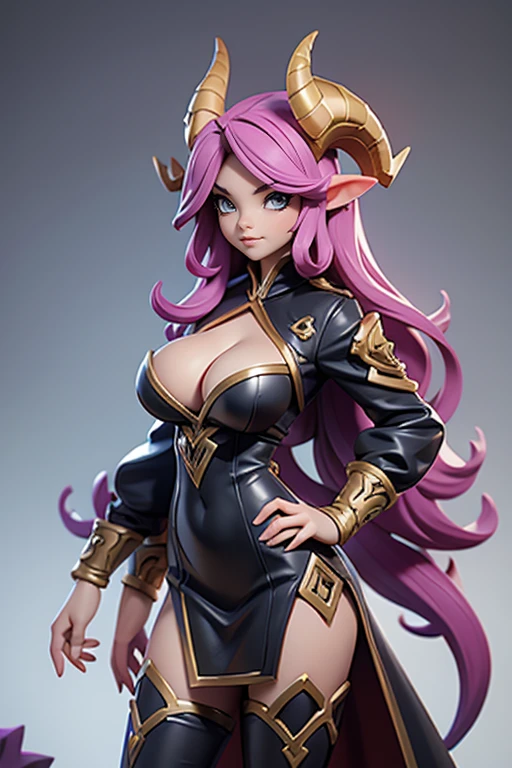 Q version of League of Legends Vi figure, Demon Queen dress, large sheep horns, cleavage, standing with one hand on hip and legs spread, full length photo,