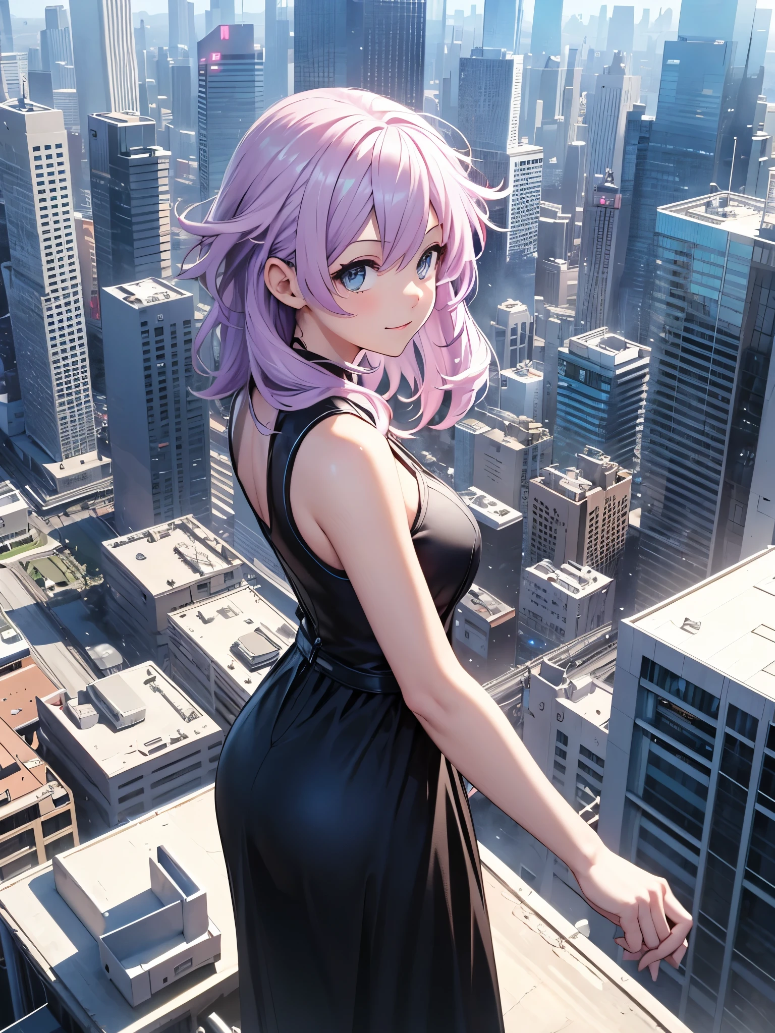  high resolution,  masterpiece ,  The best quality, necessary, HD model,  tall details ,  lyrics,  improvement,  Textured leather, UHD, distant view,  she is from a skyscraper watching the whole city, happy look,  long black dress, from above, from one side, 