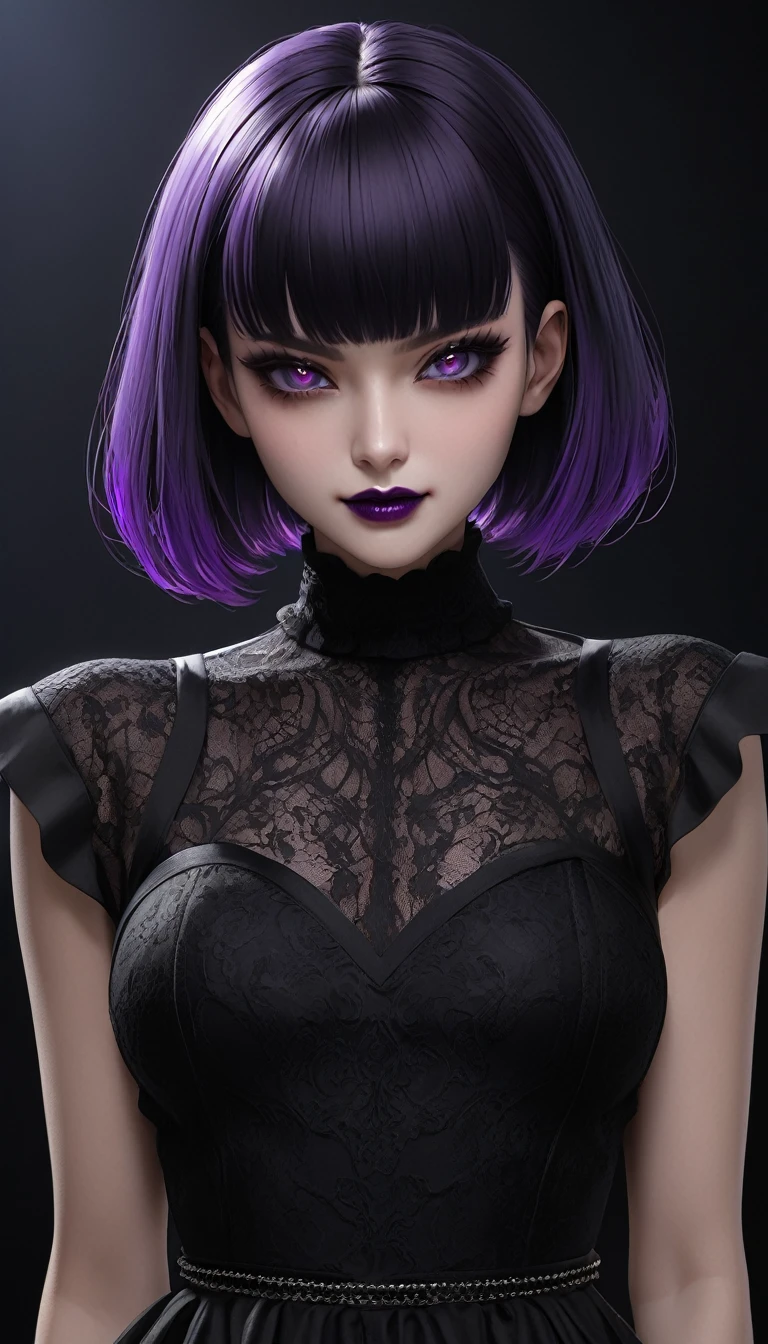 masterpiece,   high definition ,   is anatomically correct , 最 high quality,   high detail ,  high definition model ,   very detailed,   high quality,  Ultra High Definition,   textured skin , Realistic Skin, Purple Hair, bowlcut, Jet Black Eyes, Hanging eyes, Adult women, textured lips,
Grin, 
 black dress,
darkness,
I wear an aura of darkness on my body,
Fantastic,
 Dramatic Angle ,