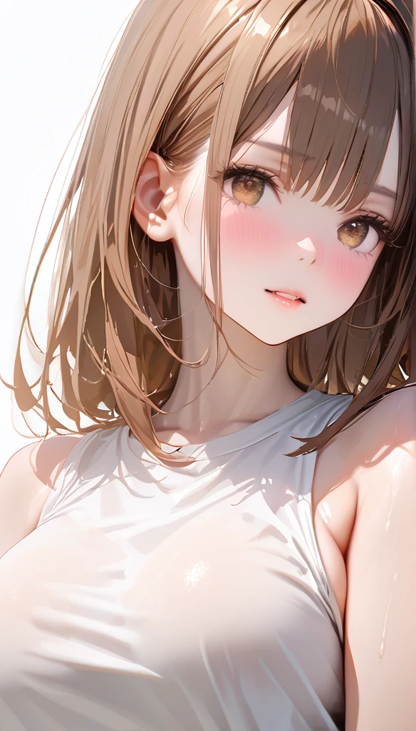 high quality, photorealistic, 8K, HD,  1 girl at home, Miss, (Skin Texture), (portrait: 0.6), Gorgeous, ( white background : 1.82)), ((Big size round chest ,  sleeveless white t-shirt : 1.75)), Look directly at the audience: 1.8, ( 1 girl at home Eyes, Medium length hair,  brown hair ,  Split Bangs  : 1.65), photorealistic, (Bokeh), (Shut up: 1.46), Gorgeous, pureerosface_v1,