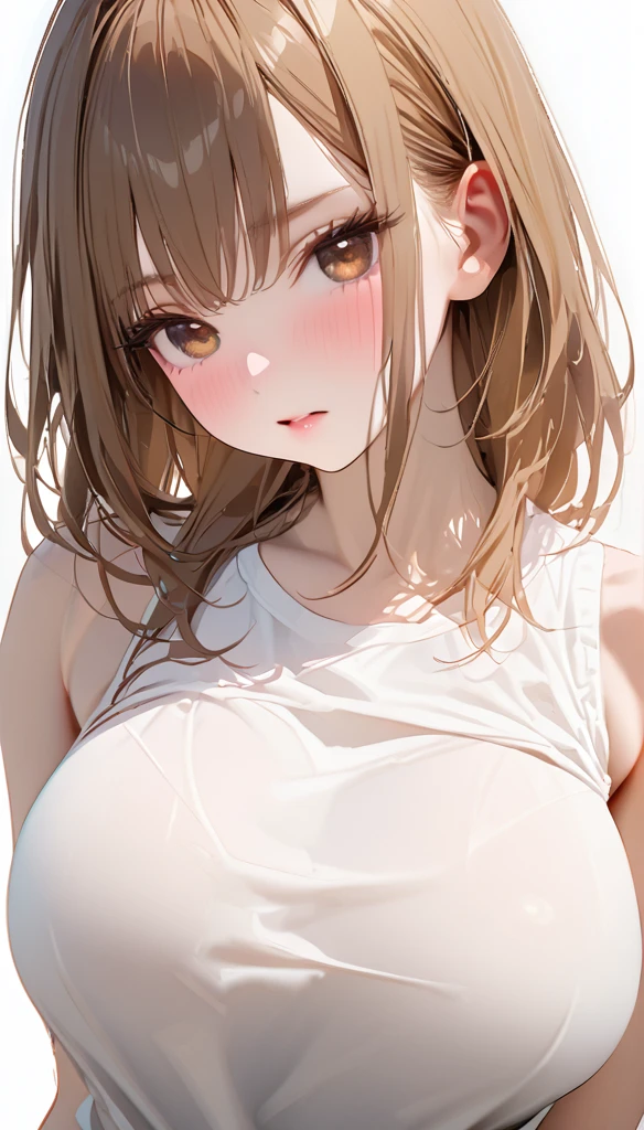 high quality, photorealistic, 8K, HD,  1 girl at home, Miss, (Skin Texture), (portrait: 0.6), Gorgeous, ( white background : 1.82)), ((Big size round chest ,  sleeveless white t-shirt : 1.75)), Look directly at the audience: 1.8, ( 1 girl at home Eyes, Medium length hair,  brown hair ,  Split Bangs  : 1.65), photorealistic, (Bokeh), (Shut up: 1.46), Gorgeous, pureerosface_v1,