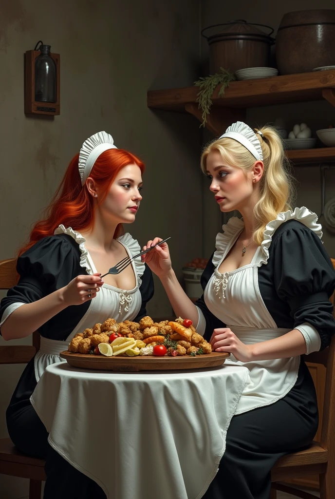 two slave girls eating a lot of food at medieval kitchen elf red haired a little bit chubby girl with thick legs and big ass small breasts and human maid with short blonde haircut and very fat lower belly lower belly heavy and tight clothes blue eyes, ((maids)), ((dark fantasy)), ((maid apparel)), (plump thighs:0.7), (big potbelly:0.8), (big pelvic area), eating a lot of food, medieval kitchen