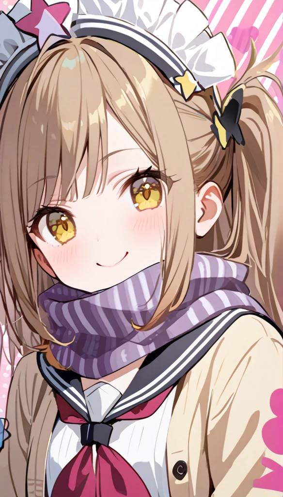 burst of style, 1 Girl,  alone ,  brown hair , Heart, Headdress, School Uniform,   side ponytail ,  Smile,  looks at the audience, scarf,  upper body, Heart Headdress, Cardigan,  sailor collar , sailor uniform, black  sailor collar ,  bangs, Yellow eyes, Shut up, Long hair,  brown eyes , purple scarf, stripe background, clavicle, stripe,  polka dots , Star (symbol)