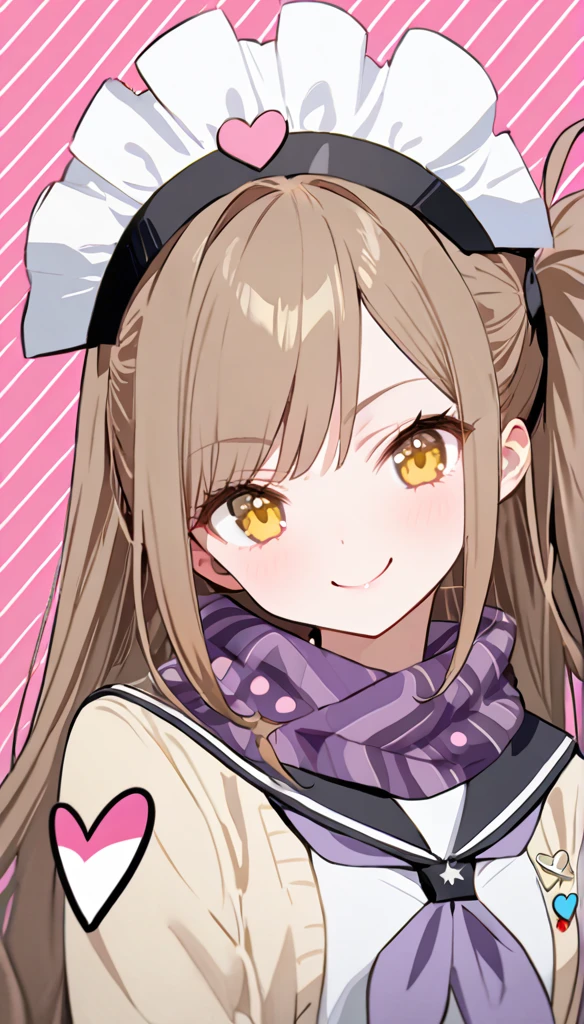 burst of style, 1 Girl,  alone ,  brown hair , Heart, Headdress, School Uniform,   side ponytail ,  Smile,  looks at the audience, scarf,  upper body, Heart Headdress, Cardigan,  sailor collar , sailor uniform, black  sailor collar ,  bangs, Yellow eyes, Shut up, Long hair,  brown eyes , purple scarf, stripe background, clavicle, stripe,  polka dots , Star (symbol)