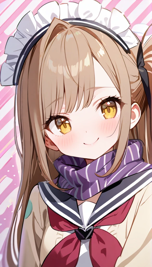 burst of style, 1 Girl,  alone ,  brown hair , Heart, Headdress, School Uniform,   side ponytail ,  Smile,  looks at the audience, scarf,  upper body, Heart Headdress, Cardigan,  sailor collar , sailor uniform, black  sailor collar ,  bangs, Yellow eyes, Shut up, Long hair,  brown eyes , purple scarf, stripe background, clavicle, stripe,  polka dots , Star (symbol)