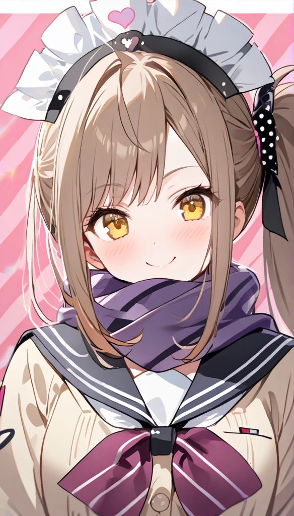 burst of style, 1 Girl,  alone ,  brown hair , Heart, Headdress, School Uniform,   side ponytail ,  Smile,  looks at the audience, scarf,  upper body, Heart Headdress, Cardigan,  sailor collar , sailor uniform, black  sailor collar ,  bangs, Yellow eyes, Shut up, Long hair,  brown eyes , purple scarf, stripe background, clavicle, stripe,  polka dots , Star (symbol)