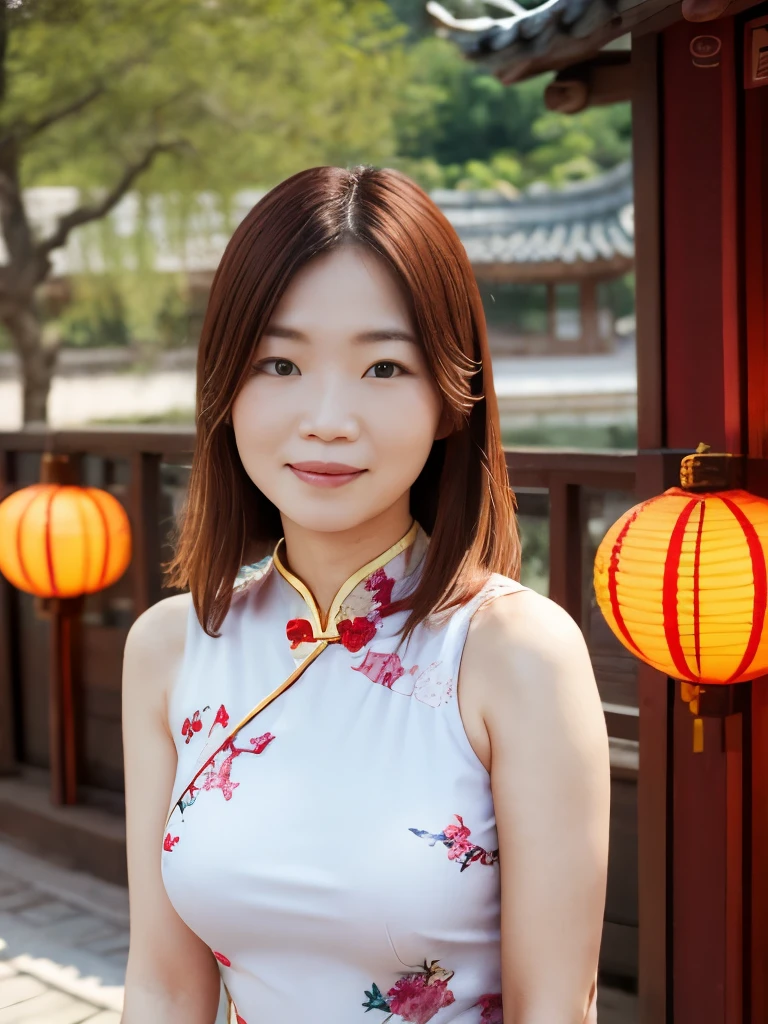 Woman in Chinese dress、 She poses against a traditional Chinese garden.。Red lanterns and bamboo are in the background .、Let your feminine grace and beauty shine。