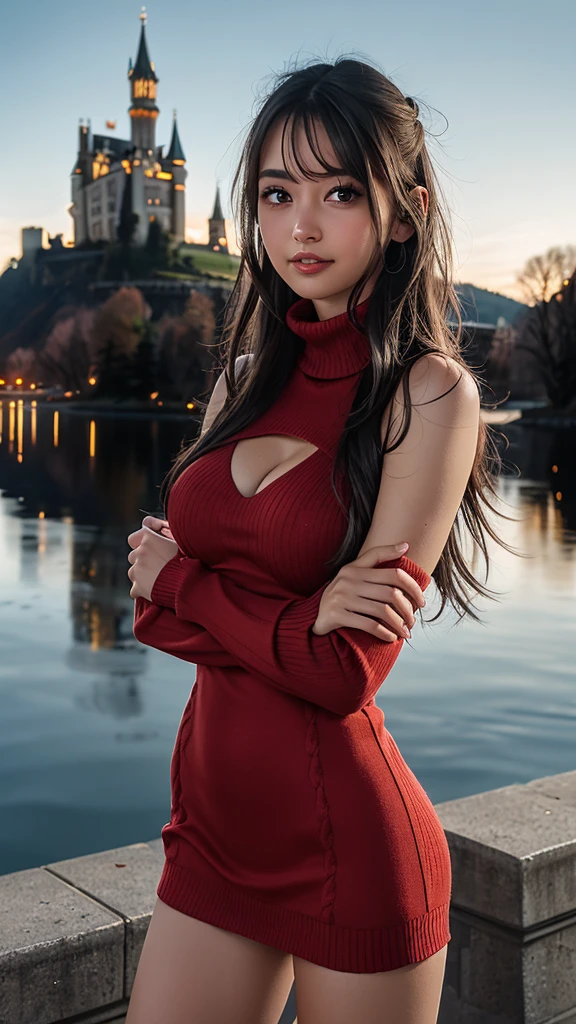  standing, slender,Thin thighs,Small waist, Thin Fins ,beautiful girl, from the front, sexy,Shiny Hair,Glossy skin,smile,Big Breasts, perfect red knit dress, short dress with the castle in the background at night,autumn,Cleavage, sweater with open chest , turtleneck,Sleeveless,Sweater with holes , bun hair to raise arms ,  Had,  high definition,  is anatomically correct, Best Quality, Overlooking, 