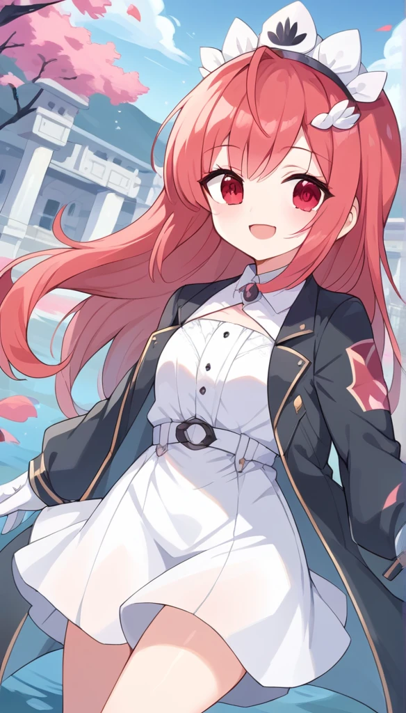 (( masterpiece , best quality)),8k wallpaper,1 Girl, Long hair, Red Hair,  alone , skirt, Red Eyes,  looks at the audience, Long sleeve,  to a standing, architecture, white skirt, Gloves, Headdress, Black jacket,  Smile,  by the lotus pond , Dutch angle, Shut up, Looking aside , Outdoors