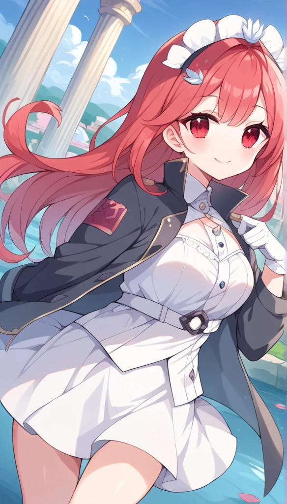 (( masterpiece , best quality)),8k wallpaper,1 Girl, Long hair, Red Hair,  alone , skirt, Red Eyes,  looks at the audience, Long sleeve,  to a standing, architecture, white skirt, Gloves, Headdress, Black jacket,  Smile,  by the lotus pond , Dutch angle, Shut up, Looking aside , Outdoors