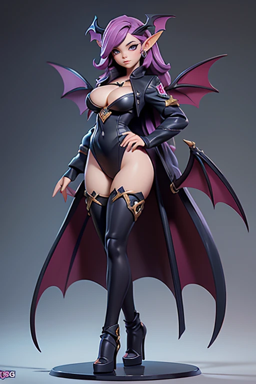 Q version of League of Legends Vi figure, full length photo of a Succubus in costume, large bat wings, cleavage, standing with one hand on hip and legs spread apart,