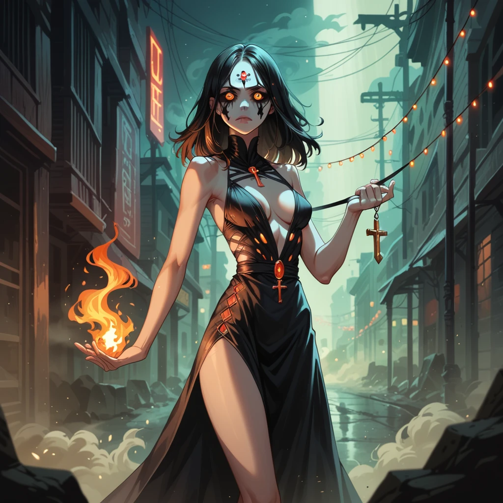  a girl with waist-length black straight hair , with brown eyes,  slim build, thin body, thin thighs,  long legs, skinny legs,  in a black detailed silk dress with long straps,  holds a cross in one hand ,  in the other hand, a fiery skull , Night, dark,  on 19th century square , smoke, There is fire everywhere, everything is burning,  the path is covered with black charred bones and skulls ,  perfect face ,  perfect eyes ,  highly detailed eyes  ,  detailed face , closed mouth, detailed lips, score_9, score_8_up, score_7_up, score_6_up, score_9, score_8_up, score_7_up, score_6_up,  detailed hair study , with lights , neon with lights , strobe with lights , smoke, fog, Rays of light,  backlight , with backlight,  CLEAVAGE , detailed  CLEAVAGE ,