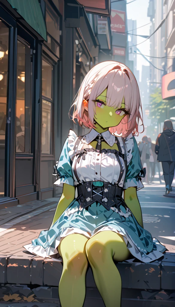 ( cowboy shooting), SFW,  ( masterpiece ), ( best quality:1.0), ( super high resolution :1.0),  meticulous eyes , rest , MissMartianYJ, Green Skin, Short hair, 1 Girl, Sweet_Lolita, rest, (street, indoor,   in city parks )