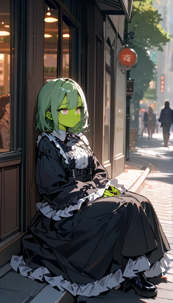 ( cowboy shooting), SFW,  ( masterpiece ), ( best quality:1.0), ( super high resolution :1.0),  meticulous eyes , rest , MissMartianYJ, Green Skin, Short hair, 1 Girl, Sweet_Lolita, rest, (street, indoor,   in city parks )