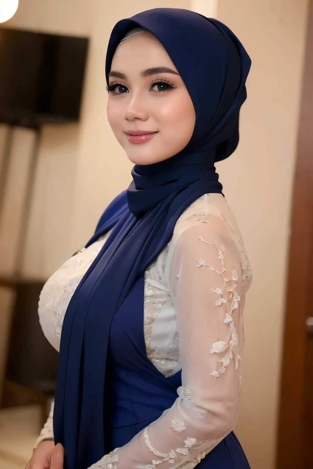 flirting eyes,Super fine face, double eyelids,((Realistic lighting, Best quality, 8K, Masterpiece: 1.3, hyper realistic)), Beautiful, cute baby Face, indonesian muslim girl, (wearing blue hijab), full hijab, sexy long sleeves open bust kebaya dress, open breast, breast out, slightly Chubby , White Skin, Smiling, porn studio Background, day light,mid shot, upper body, Perfect Potrait, Bokeh Effect, Look at Viewer, medium saggy breast, ((adorable:1.2)), ((masterpiece:1.1)), ((bokeh:1.2)), naughty seductive close up pose