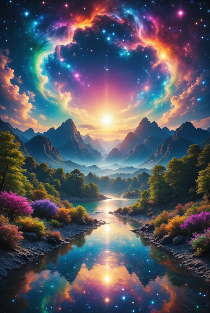 A magical starlit pathway in a tranquil forest, illuminated by twinkling stars above, surrounded by lush greenery and soft glowing flowers, creating an ethereal atmosphere, fantasy art style,masterpiece,best quality,ultra detailed,8k portrait,unity 8k wallpaper,supene illustration,very detailed background,highly detailed background