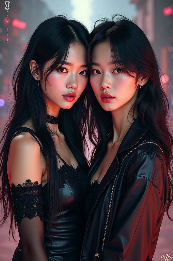 front face of a beautiful 2 Asian woman in black clothes with loose hair sitting at a bar table at night