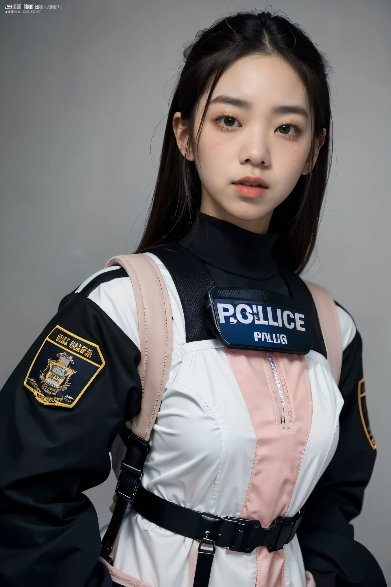 (Highest image quality, outstanding details, ultra-high resolution), (realism: 1.4), favor details, highly condensed 1 beautiful Korean girl, with a delicate and beautiful face, ((cowboy shot)), (a bit chubby:0.4), (wearing black racing suit likes police uniform, black and pink mecha, wearing military harness, holding a machinegun), background simple grey concrete,