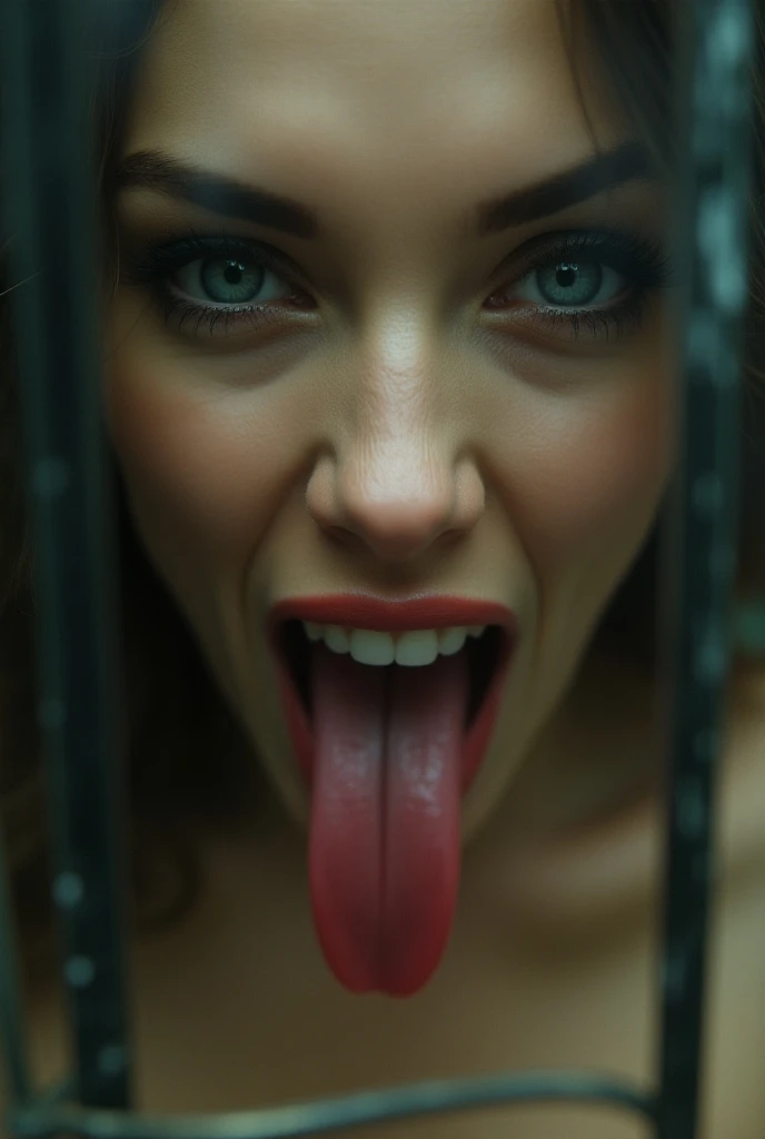 woman with open mouth and tongue out looking at camera from above, dark and sensual image, portrait style